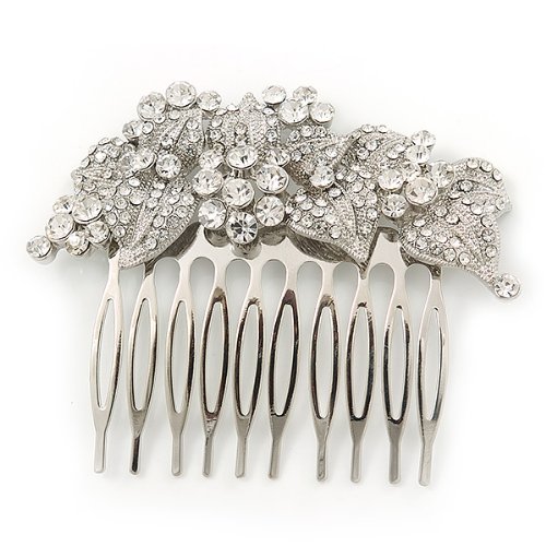 Bridal/ Wedding/ Prom/ Party Rhodium Plated Austrian Clear Crystal 'Leaves & Flowers' Hair Comb - 80mm