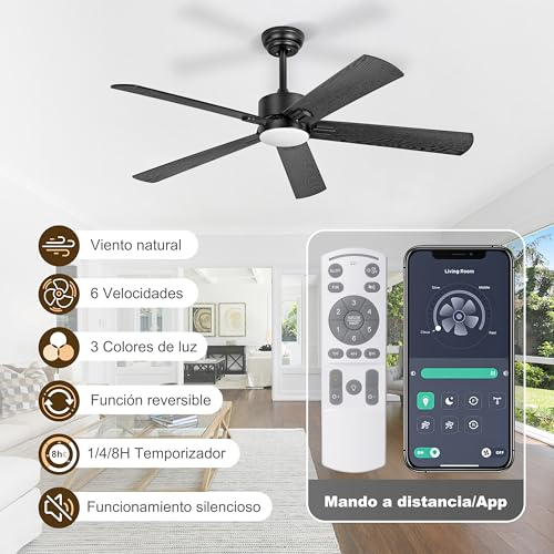 Ohniyou Ventilador de Techo de 52 Pulgadas, Luz Regulable y Control Remoto, 6 Velocidades, Motor DC Reversible Silencioso, Ventilador de Techo de 5 Palas para Dormitorio, Patio, Oficina (Negro)