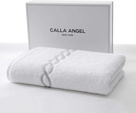 Amazon Calla Angel New York バスタオル 高級綿 エジプト綿 超厚手 大判 白 海外 人気 ギフト 箱入り ホワイト シルバーチェーン柄 1枚 バスタオル ホーム キッチン オンライン通販