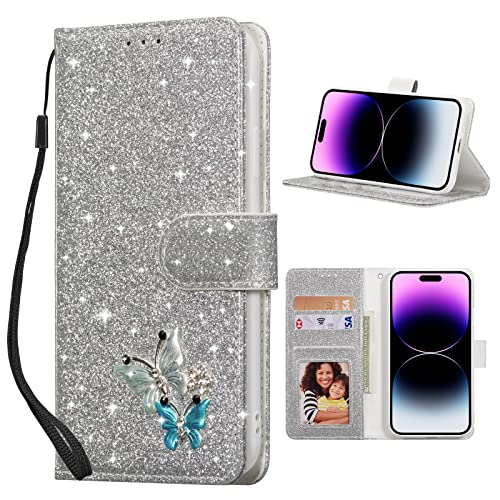 UEEBAI Wallet Case for iPhone 16, Glitter PU Leather Phone Cover Card Slots Kickstand Wallet Magnetic Closure Bling Flip Case Shockproof Hand Strap Flip Cover - Silver
