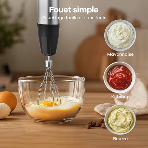 Ganiza Mixeur Plongeant 5-en-1, Mixeur Plongeur 1200W en Acier Inoxydable, Vitesse Réglable& Modes Turbo, avec Hachoir de 600ml, Fouet, et Verre Doseur 800ml, Idéal pour Soupes, Smoothies