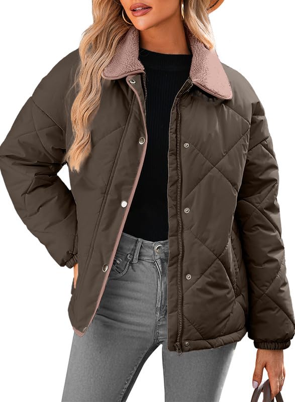 Photo 1 of (small) Dokotoo Puffer Jacket Womens Winter Casual Diamond Quilted Jackets Fashion Fall Long Sleeve Stand Collar Padded Coats Thicken Warm Outerwear with Pockets Chocolate Brown Fall Clothes M
