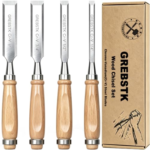 GREBSTK 4 Piece Wood Chisel Set CR-V Steel Sharp Bevel Edge for