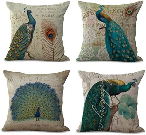 4Pcs Cotton ＆ Linen Square Mermaid Pillow Covers, Throw Pillows Case Cushion Covers Pillowcase Indoor Decorations 18×18 Inches (45×45cm) (Peacock)