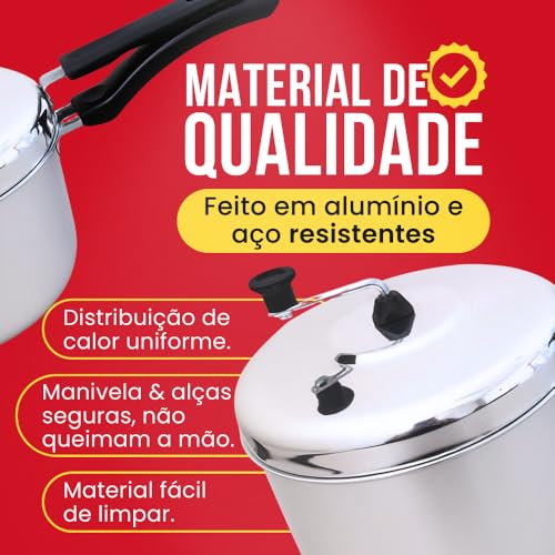 Pipoqueira de Alumínio, Panela para Pipoca com Manivela 3,7L, Tampa Articulada, Alças Resistentes ao Calor