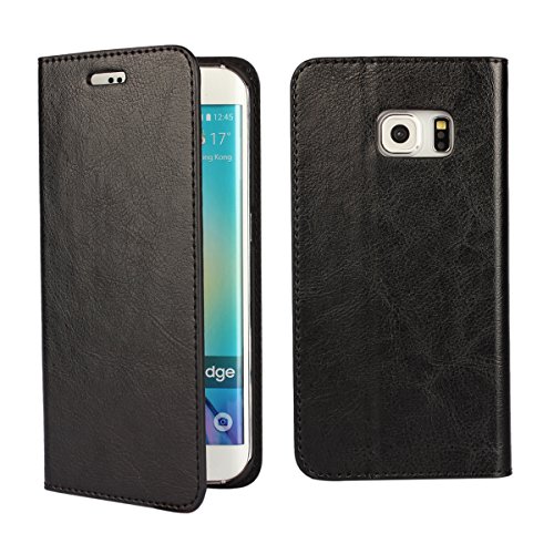 Samsung Galaxy S6 Edge Case, Cavor Crazy Horse Pattern Genuine Leather Case [Wallet Function] Flip Stand Card Slot Bookstyle Cover for Samsung Galaxy S6 Edge (Black)