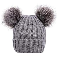 Arctic Paw Cable Knit Beanie with Faux Fur Pompom Ears Grey