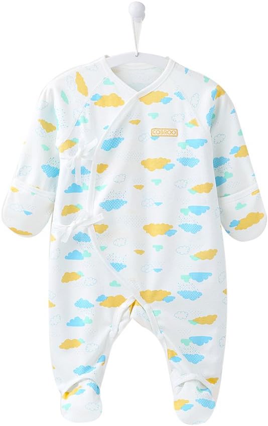 COBROO Newborn Footies Pajamas with Mittens Allover Cloud Print Sleeper 100% Cotton Side-Belt Infant Footed Pajamas