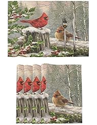 Wamika Winter Cardinal Birds Placemats Set of 4 Holly Berry Snow Table Mats Burlap Placemat Christmas Decorations Washable Non-Slip Heat Resistant Place Mats for Party Kitchen Dining 12 X 18 in