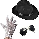 Set of 3 - Fedora Hat Sequin Glove And Sunglasses by Funny Party Hats (Fedora Hat Sequin Glove And Black Sunglasses)