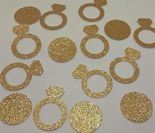Gold Diamond Ring Confetti One Inch and Gold Glitter Circle Confetti .75 Inch. Wedding Decor Bridal Shower 200 Pieces Glitter is on one side and the other side is white.