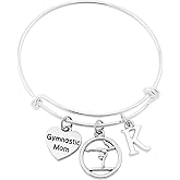 Gymnastic Mom Charm Bracelet – Silver Adjustable Bangle with Gymnast and Heart Charms – Choice of Initial Personalized Gift for Gymnastics Mom Women Handmade Jewelry