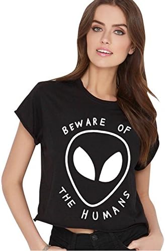 UFO Alien Novelty Crop Top Tank Women Slim Sweater Tees Teenagers T Shirt (M, BBlack)