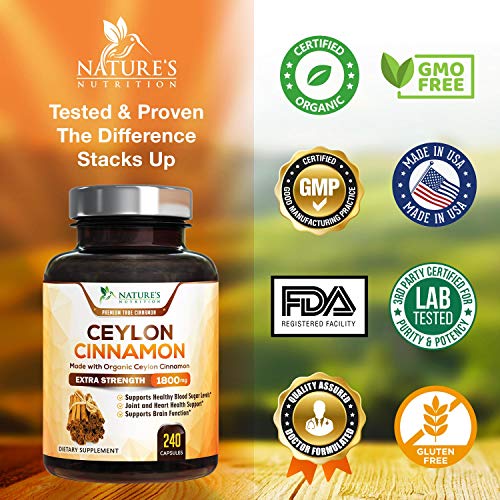 Organic Ceylon Cinnamon Highest Potency Standardized 1800mg - True Organic Ceylon Cinnamon Pills - Blood Sugar Levels Support Supplement, Vegan Anti-Inflammatory for Joint Pain Relief - 240 Capsules