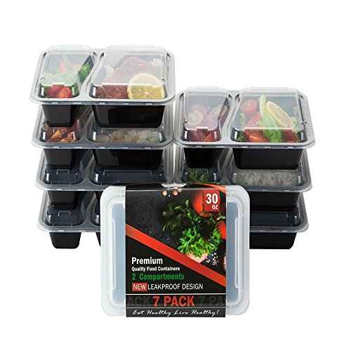 Food Storage Container 7-PACK Meal Prep Container Leak proof Lunch Containers Meal Prep Container Bento Box Container Airtight Lids Dishwasher Microwave SAFE Plastic Food Container 2 Compartments 30oz