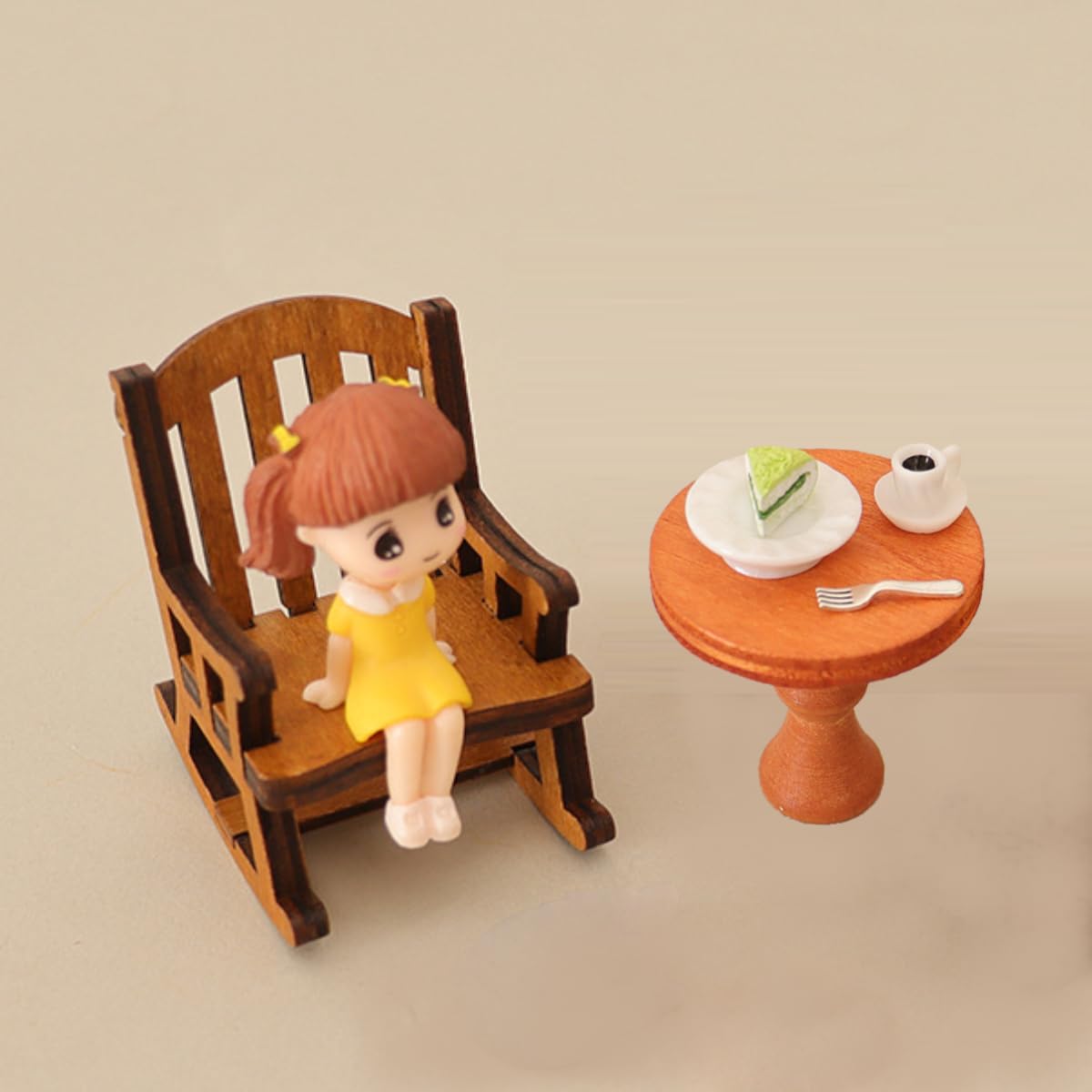 KARLOR Miniature Rocking Chair Table Girl Set, 7 Pieces Mini Furniture Girl Figure Table Coffee Cake Plate, Mini Balcony Coffee Table Micro Landscape Scene Gnome Garden Decoration — image 1