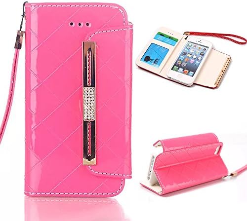 iPhone 5 Case, iPhone 5 SE Case, LongRise® Grid Deluxe PU Leather Wallet Pouch Case for iPhone 5S with Wrist Strap (Pink)