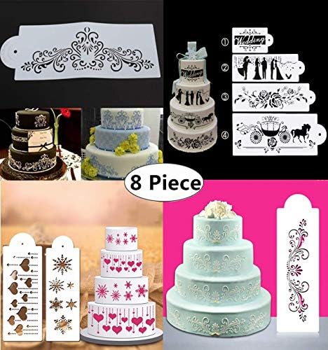 8-Pack Cake Decorating Stencil Molds, Magnoloran Wedding Cake Mesh Stencils Cake Templates Spray Floral Cake Side Molds, Wedding Cake Decorating Stencil Baking Tools, Dessert Decorating Molds