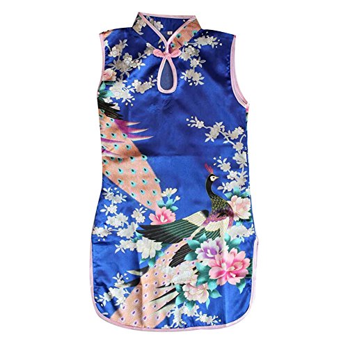 Weixinbuy Kid Girls Sleeveless Peacock Printed Chinese Cheongsam Dress