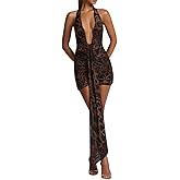 HNMYCY Women's Sexy Halter Bodycon Mini Dress Ruched Deep V Neck Backless Going Out Dresses