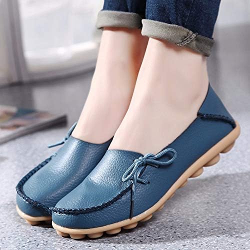 Womens Flat Shoes Natural Real Leather Soft Sole Loafers Lace Up Low Heel Slip On Blue Round Toe Vintage Original Design Retro Ladies Working Hiking Driving Ankle Boots Casual Breathable Comfortable