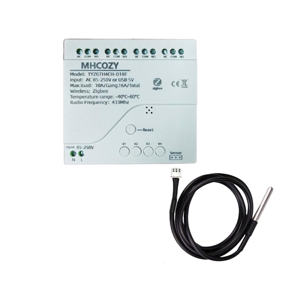 MHCOZY Zigbee Temperature Controller with Waterproof Temperature Sensor Probe ,Tuya app Remote 4 Channel 10A Clean Contact Relay Switch(tuya zigbee hub Needed)