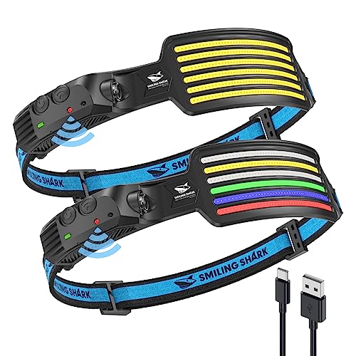 Smiling Shark LED Head Torch, Pack of 2 Wide Angle 6 x LED White Red Blue Green Light Super Brightest Headlamp Rechargeable Waterproof Camping Fishing Headlamp LED Headlamp Camping Head Torch