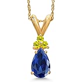 Gem Stone King 14K Yellow Gold Blue Created Sapphire and Canary Diamond Pendant Necklace for Women | 1.08 Cttw | Gemstone September Birthstone | Pear Shape 7X5MM | With 18 Inch Chain