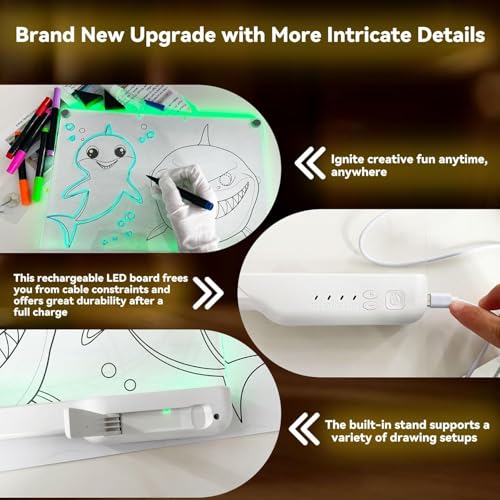 SLEEPHEAD® 16-Inch Rechargeable Doodle Glow LED Note Board, 7-Color Light Modes, Neon Art Dry Erase Light Up Drawing Pad with Built-in Stand, Sketching Gift Toy for Kids/Girls/Teens, 7 Markers & Traci