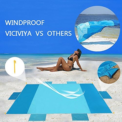 Viciviya Sand Free Compact Beach Blanket Mat - 78" x 59" Quick Drying Waterproof Windproof Picnic Blanket Mat Ripstop Nylon Camping Mat with Big Anchor Pockets &amp; Stakes/Pegs