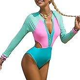 ODIZLI Women's Swimming Suit Long Sleeve Zipper Color Block One Piece Swimsuit Rash Guard Bathing Suit