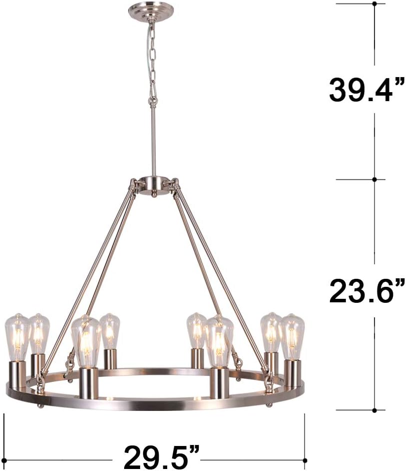 OSAIRUOS Farmhouse Rustic Chandelier Antique Retro Industrial Ceiling Pendant Light Round Rod Iron Chandeliers Lighting Fixture 8-Lights for Kitchen Island Living Room W30'', Nickel - - 