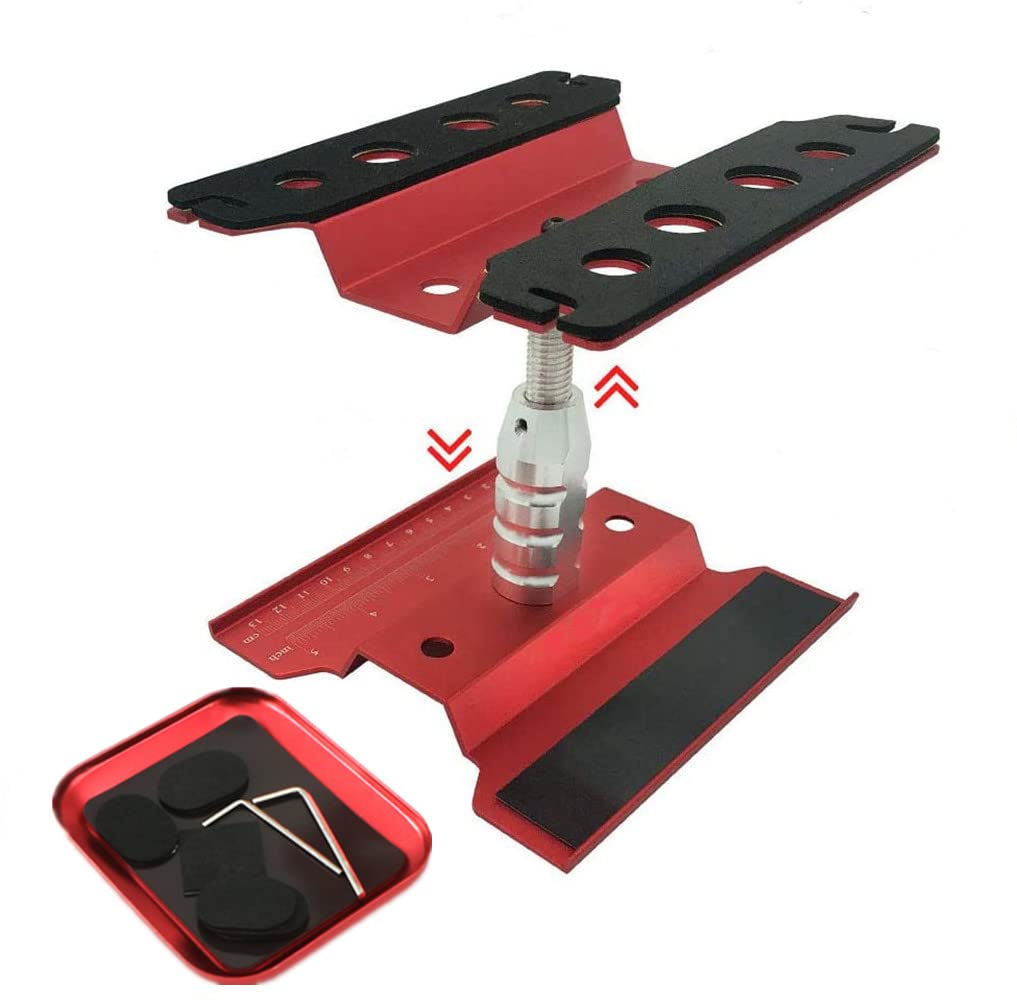 RCAWD RC Car Work Stand Aluminum Repair Workstation，360 Degree Rotation Lift/Lower for 1/8 1/10 1/12 1/16 1/18 TRX4 Axial Arrma Redcat Losi RC Crawler Monster Truck Buggy, Work Stand with Screws,Red
