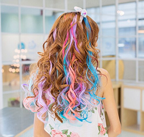 SWACC 22 Pcs Colored Party Highlights Clip on in Hair Extensions Multi-Colors Hair Streak Synthetic Hairpieces (11 Colors 22 Pcs in Set -Curly)