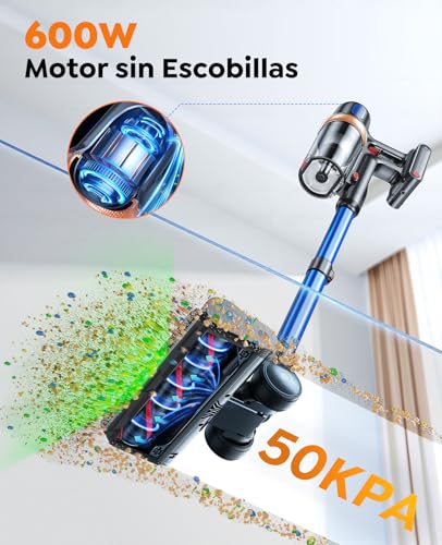 600W/50KPa Cordless Vacuum Cleaner, 65 Mins Autonomy, Vertical Broom Vacuum Cleaner with Anti-Dust Mite Brush, Touch Screen, Aromatic Function, Wall Charging, Anti-Tangle, LED Light, Suitable for Floors/Sofas/Pets
