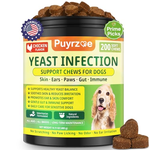 Puyrzoe Yeast Infection Treatment for Dogs, Itchy Skin, Paw Licking, Ear Odour & Allergy Relief, 200 Soft Chews, Dog Yeast Infection Treatment, Immune & Gut Support with Probiotics, Chicken Flavour