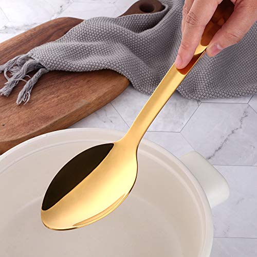 BuyGo Large Serving Spoon Stainless Steel Long Buffet Spoon Gold Solid Spoon with Mirror Polish, Dishwasher Safe, 13.07 inch