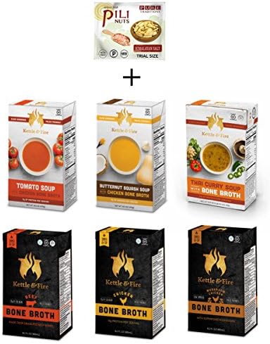 Bone Broth (Beef, Chicken & Mushroom Chicken, 16.2 Oz each) Bone Broth Soups (Tomato, Butternut Squash, Thai Curry, 16.9 oz each) & Pure Traditions Sprouted Pili Nuts Trial (Himalyan Salt)