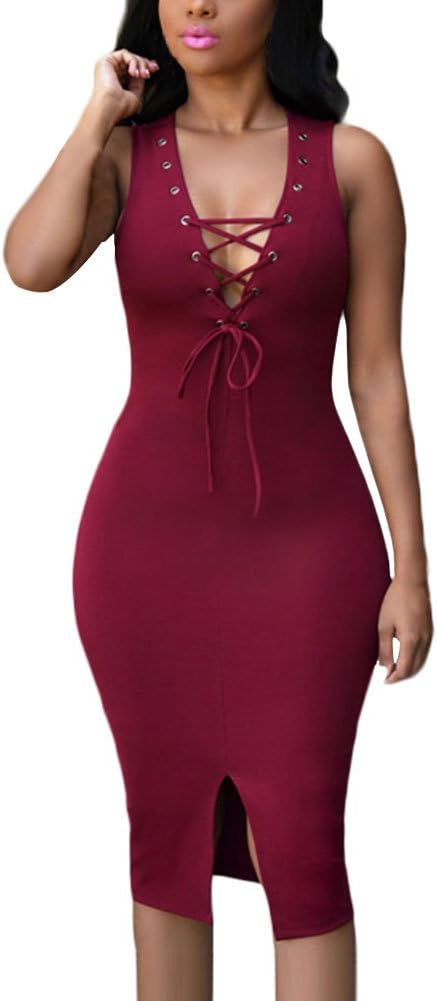 Cfanny Women's Lace-up Front Slit Bodycon Midi Dress