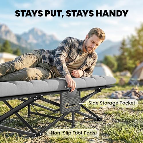 Outsunny Camping Cot with Soft Pad, 32" Extra Wide Folding Cots with Non-Slip Feet and Carry Bag, Heavy Duty Portable Oxford Sleeping Bed, 440 lbs Capacity, Grey