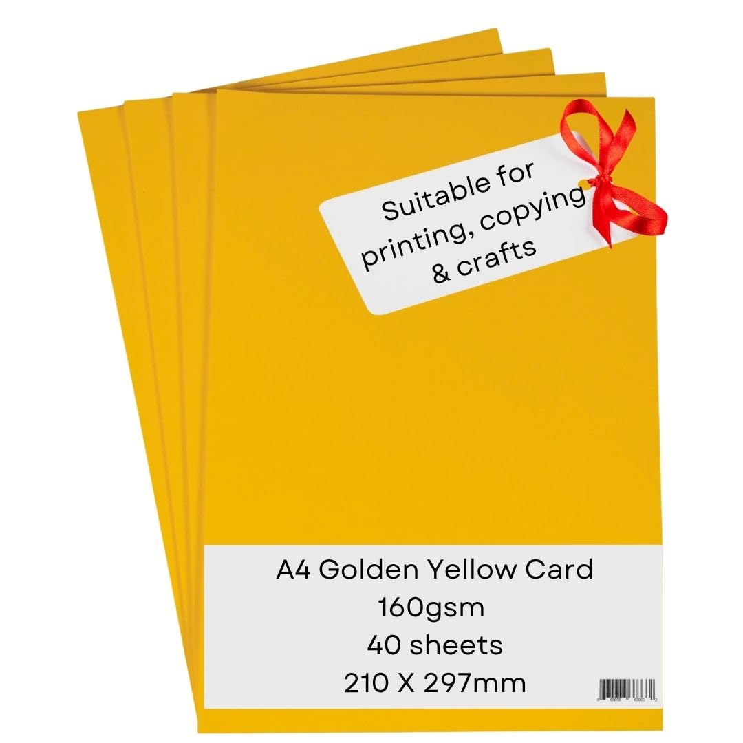 A4 Golden Yellow Card Paper Printer - 160gsm 40 Sheets - Coloured - Suitable for Craft, Printing, Copying, Photocopiers