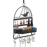 Black Metal Bird Cage Design Hanging Jewelry Rack w/ Cosmetics Tray, 2 Earring Organizer Bars & 7 Hooks