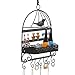 Black Metal Bird Cage Design Hanging Jewelry Rack w/ Cosmetics Tray, 2 Earring Organizer Bars & 7 Hooks