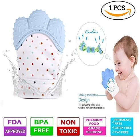 Teething Mitten, Sinhanker Self Soothing Silicone Teether Glove for 3M-18M Babies,Sensory Crinkle Chew Toy Mitt with Velcro Straps for Infants and Toddlers(Blue)