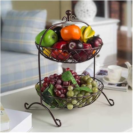 Amazon フルーツバスケット 2段 ブレッドバスケット 家庭用ラック フルーツ スタンド 果物収納バスケット 金属製 フルーツ入れ 小物入れ 収納 お菓子 果物収納 古銅色 フルーツバスケット オンライン通販