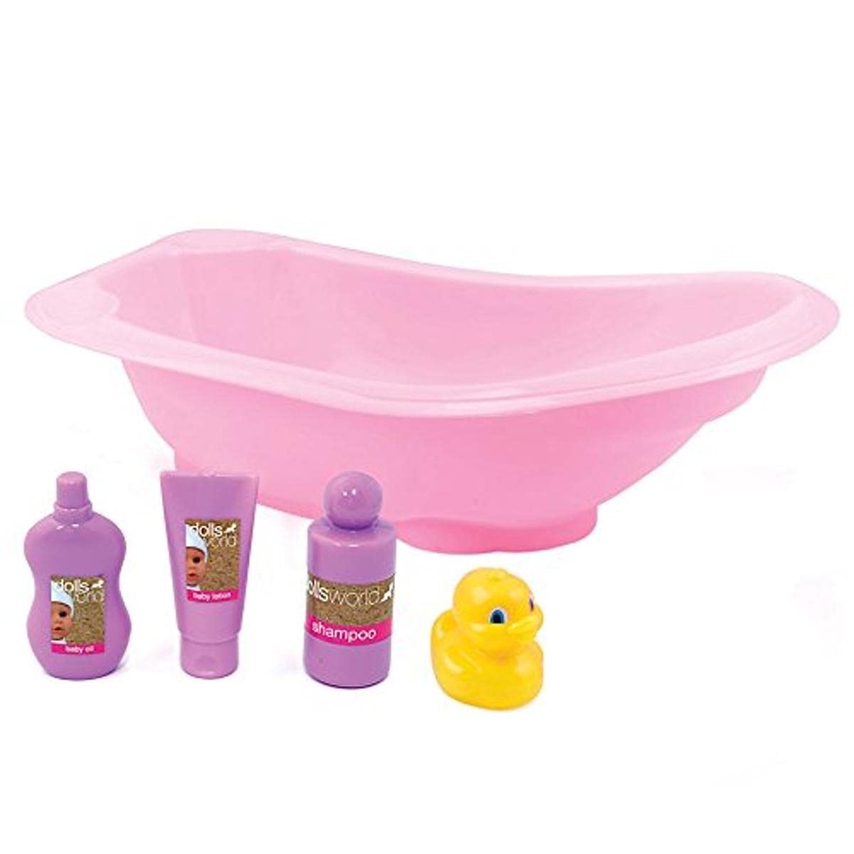 DOLLSWORLD from Peterkin | Bath Set | Includes pink bath with plug, 3 roleplay bottles and yellow duck | Dolls & Accessories | Ages 18m+