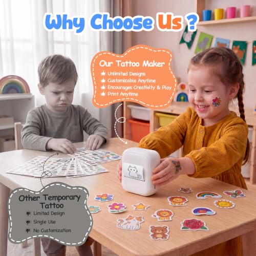 MokoMorrie Kids Temporary Tattoos Printer, Personalized Temporary Tattoos, Includes 40 Transfer Sheets and Roll, Gift for Boys and Girls Ages 5-12