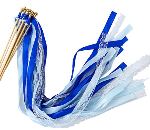 Wishprom 30pcs Lace Ribbon Wands Christmas Birthday Party Streamers Wands Fairy Stick for Wedding Activities (Royal Blue+Lace) - Thumbnail 3