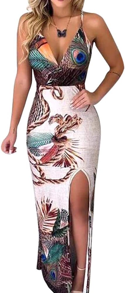 JklausTap Women Sleeveless Peacock Feather Print Thigh Slit Maxi Dress for Summer Party