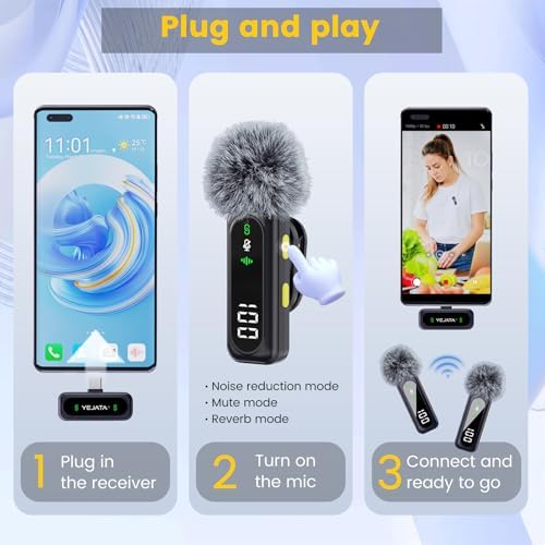 - Micrófono inalámbrico con pantalla digital de batería, cancelación de ruido omnidireccional de 360°, alcance de 30 m, pinza giratoria, para iPhone 15/16, Android, PC, iPad y tableta